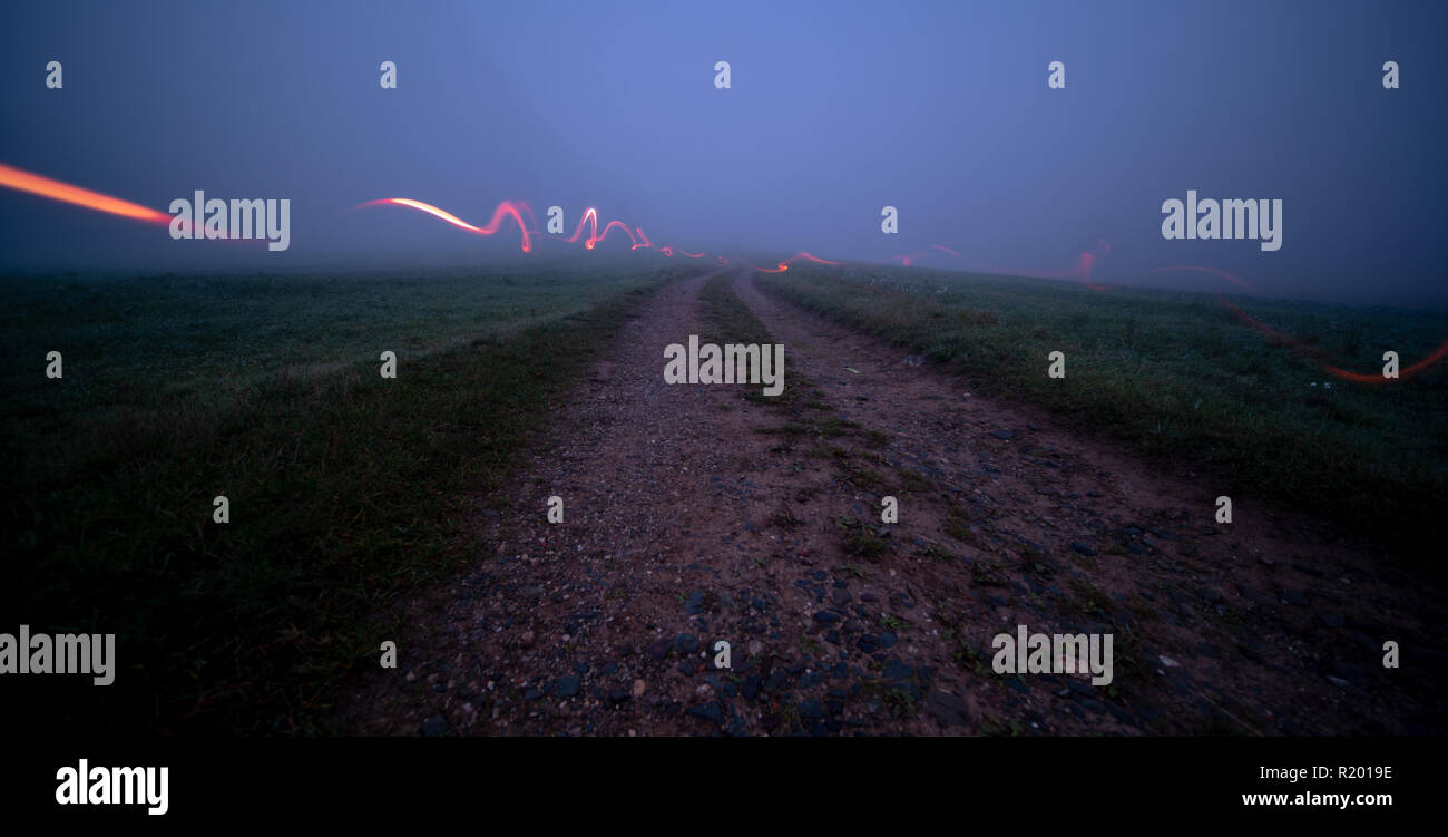 La pittura di luce con lampada tascabile in modalità Paesaggio notturno. lunga esposizione luminosa delle luci di notte di pittura natura paesaggio. La pittura di luce al campo Foto Stock