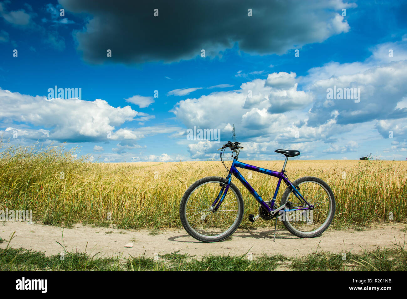 Mountain bike in piedi su una strada sterrata, il grano e le nuvole nel cielo blu Foto Stock