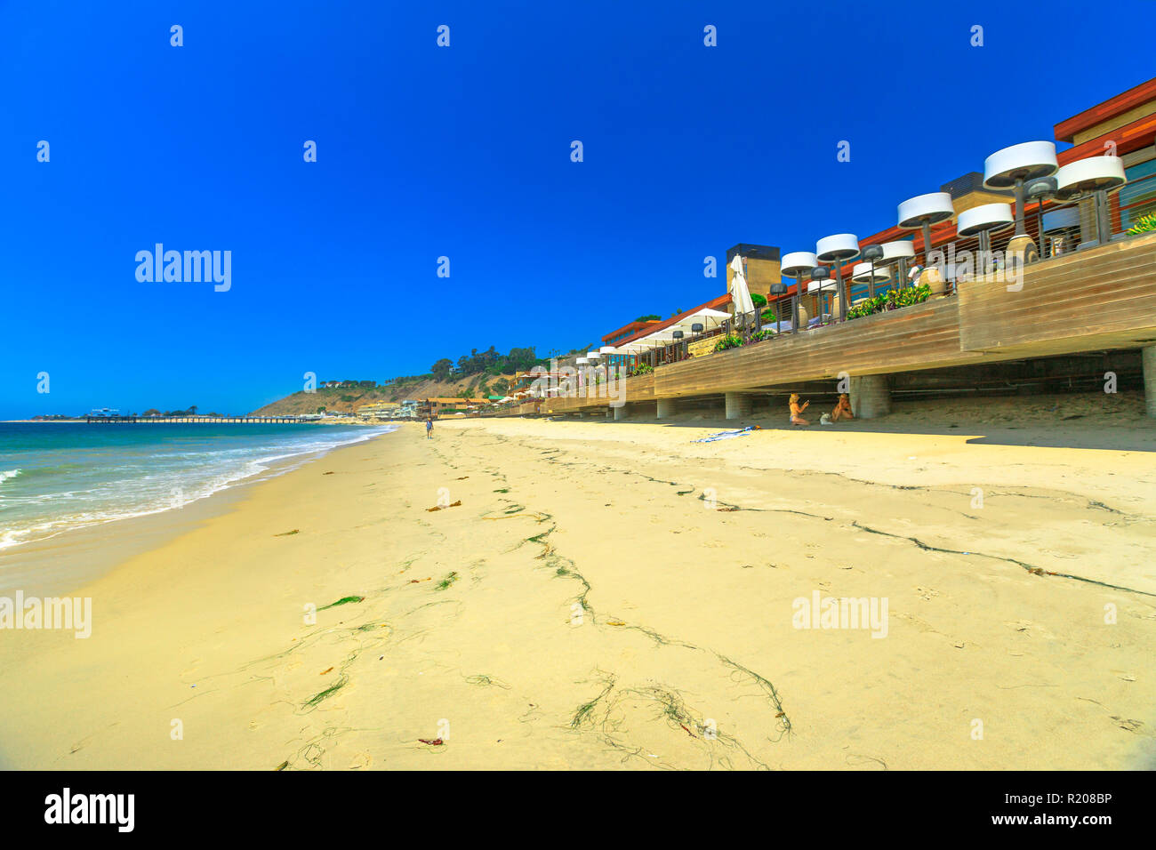 Malibu Beach case sulla popolare spiaggia di carbonio o spiaggia miliardario per molte case di persone famose. Malibu Pier sullo sfondo. California West Coast paesaggio. Cielo blu, copia dello spazio. Durante la stagione estiva. Foto Stock