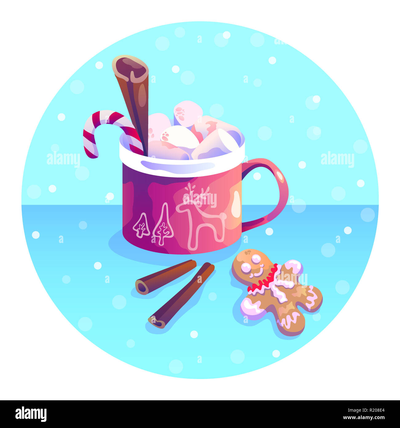 Scheda di Natale con il cacao, marshmallows, candy e gingerbread man. Foto Stock