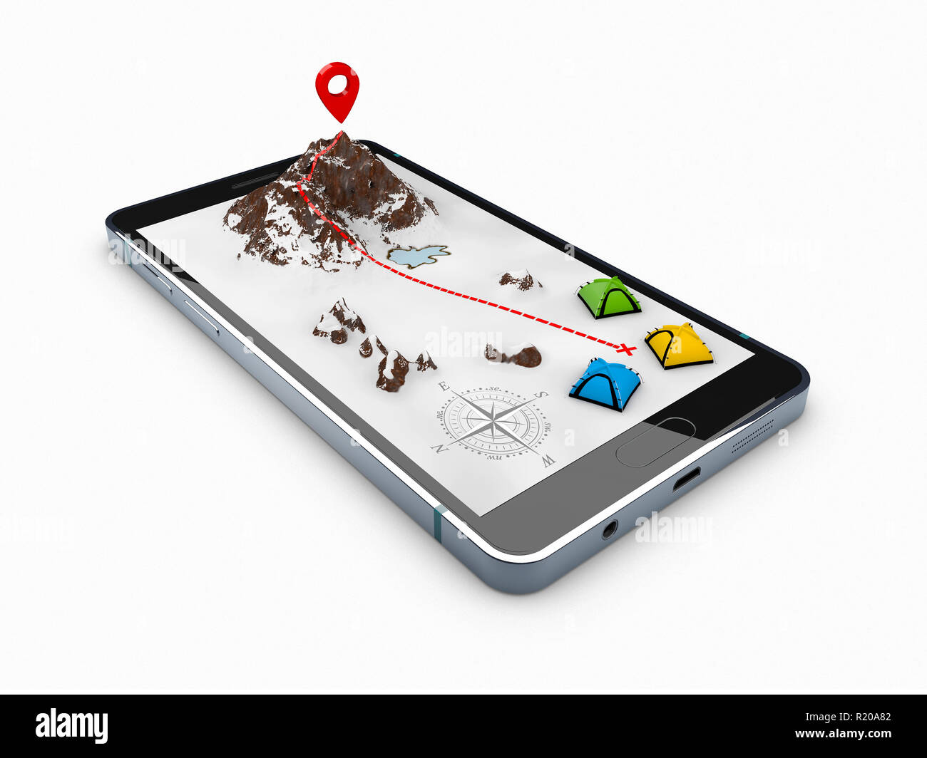 3d illustrazione di smartphone con mobile app di navigazione su schermo. Mappa del percorso con i simboli. Foto Stock