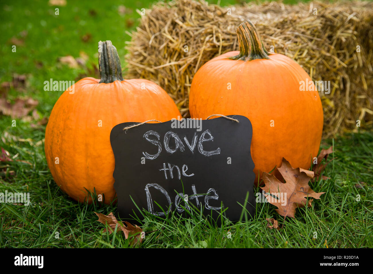 A salvare la data segno seduto contro due zucche contro una balla di fieno in autunno. Foto Stock