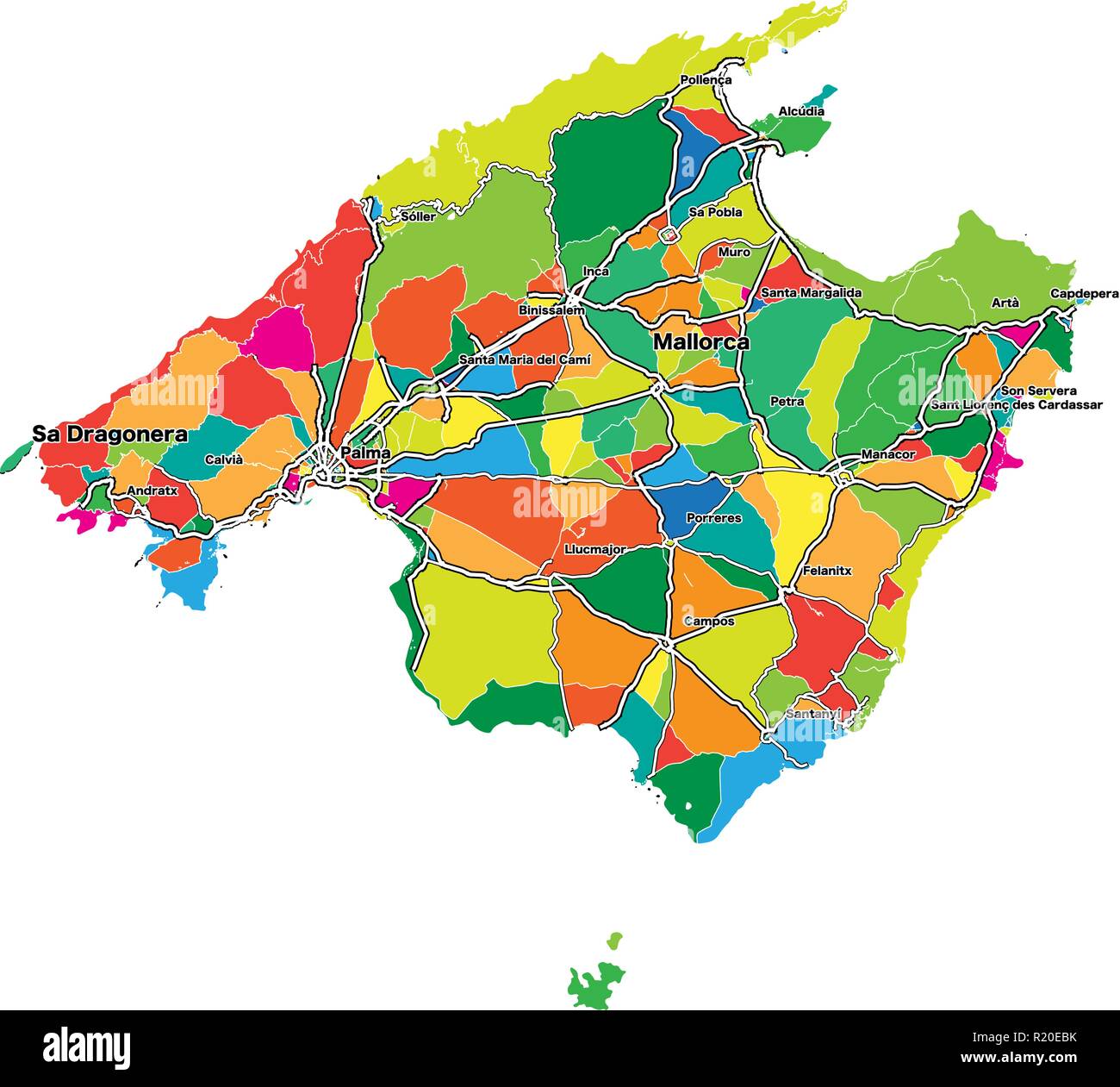Mappa colorata di Maiorca. Illustrazione Vettoriale modello per l'arte al muro e la commercializzazione in formato quadrato. Illustrazione Vettoriale