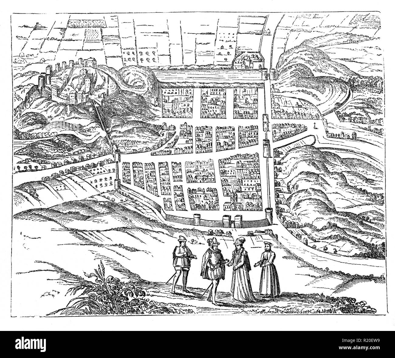 Una mappa di Edimburgo nel XVII secolo quando crebbe in dimensioni e prosperità. Questo nonostante i focolai di peste nel 1604 e 1645. Nel frattempo nel 1621 tetti in paglia sono state vietate in Edinburgh come fossero un pericolo di incendio. Foto Stock