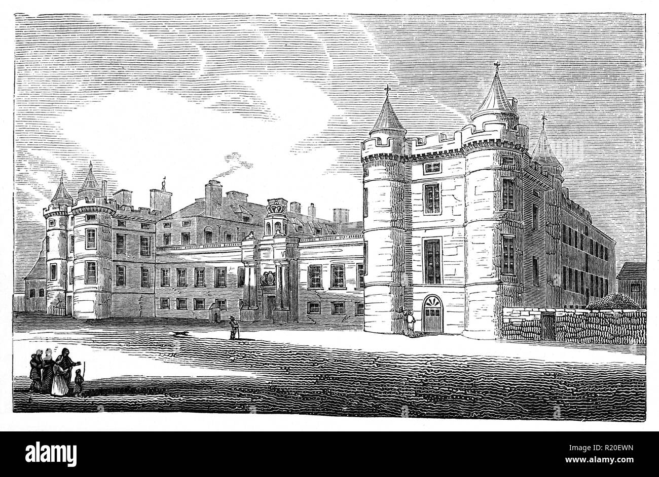 Il XVII secolo, Holyrood Palace è la residenza ufficiale del monarca britannico in Scozia. Situato nella parte inferiore del Royal Mile di Edimburgo, all'estremità opposta al Castello di Edimburgo, Holyrood Palace ha servito come la residenza principale dei Re e delle regine della Scozia. Foto Stock