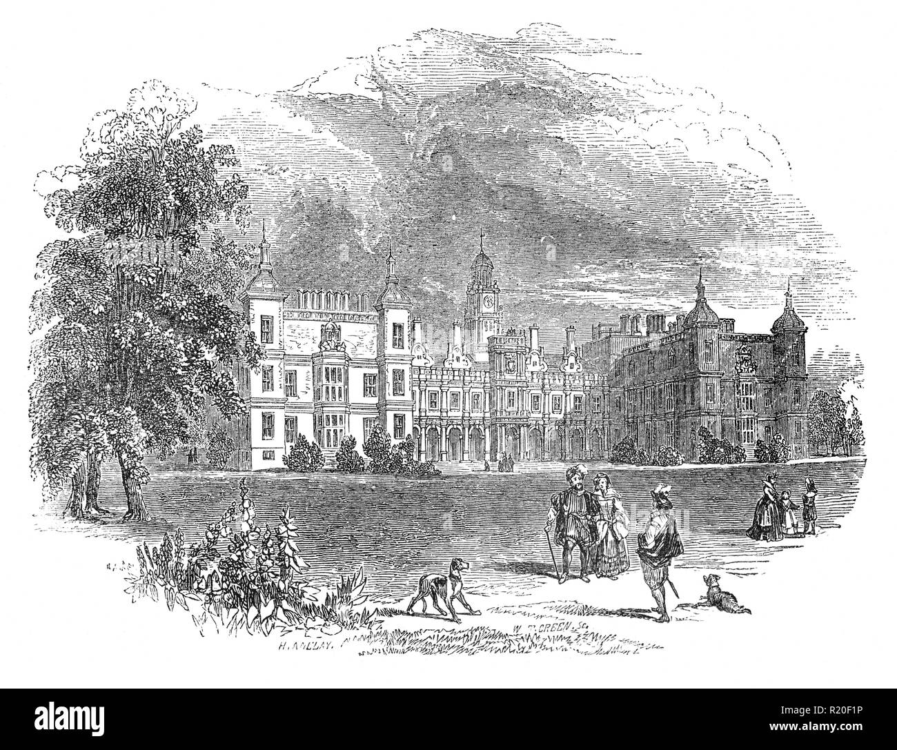 Passeggiando nel XVII secolo i giardini di Hatfield House, stabiliti da John Tradescant il vecchio che si è recato in visita in Europa e ha introdotto gli alberi e le piante che in precedenza non erano mai state coltivate in Inghilterra. Hatfield House è una casa di campagna immersa in un grande parco, il grande parco, sul lato orientale della città di Hatfield, Hertfordshire, Inghilterra. La presente casa giacobino, un esempio di leader del prodigy house, è stato costruito nel 1611 da Robert Cecil, primo conte di Salisbury e ministro in capo al Re Giacomo I ed è stata la casa della famiglia di Cecil sin. Si tratta di un ottimo esempio di architettura giacobino. Foto Stock