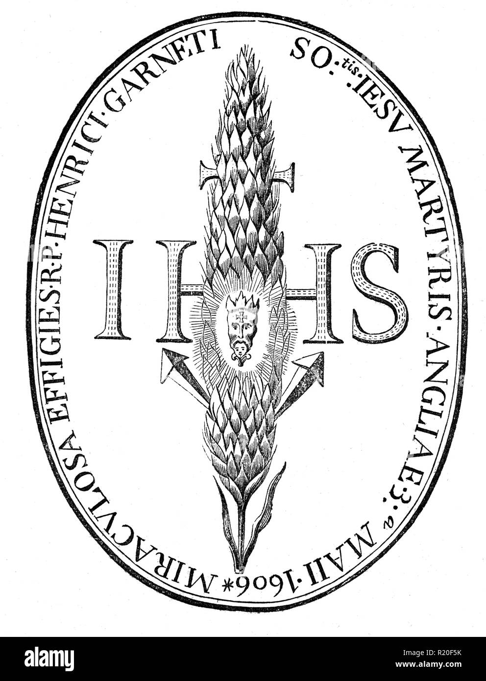 La storia di Garnett's paglia. La mattina del 3 maggio 1606 Padre Henry Garnet è stata eseguita a St Pauls sagrato a Londra. La Stuart competenti determinate biasimare l Ordine dei Gesuiti per la recente complotto di polvere da sparo aveva cacciati giù il fuggitivo sacerdote. Dopo l'esecuzione di un pezzo di sangue tinto la paglia è stata presa come una reliquia da un giovane cattolico in mezzo alla folla. Fu solo più tardi, quando il sangue essiccato sulla paglia che la gente ha notato che la macchia sembrava un volto umano. Su una più stretta ispezione era pensato il viso sembrava di granato. ora un martire. Foto Stock