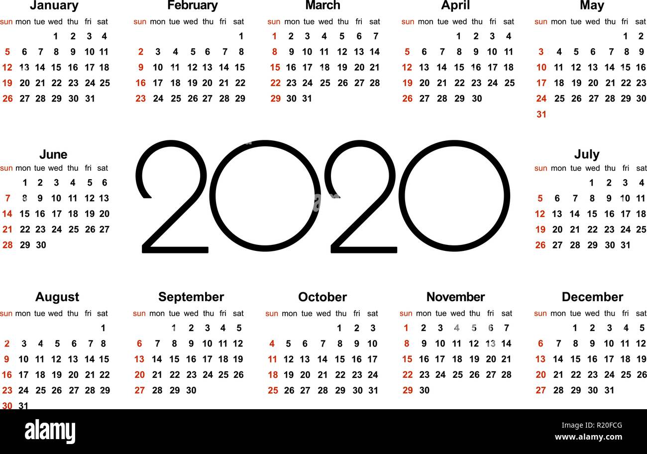 Calendario Anno 2020 Semplice Template Vettoriale Articoli