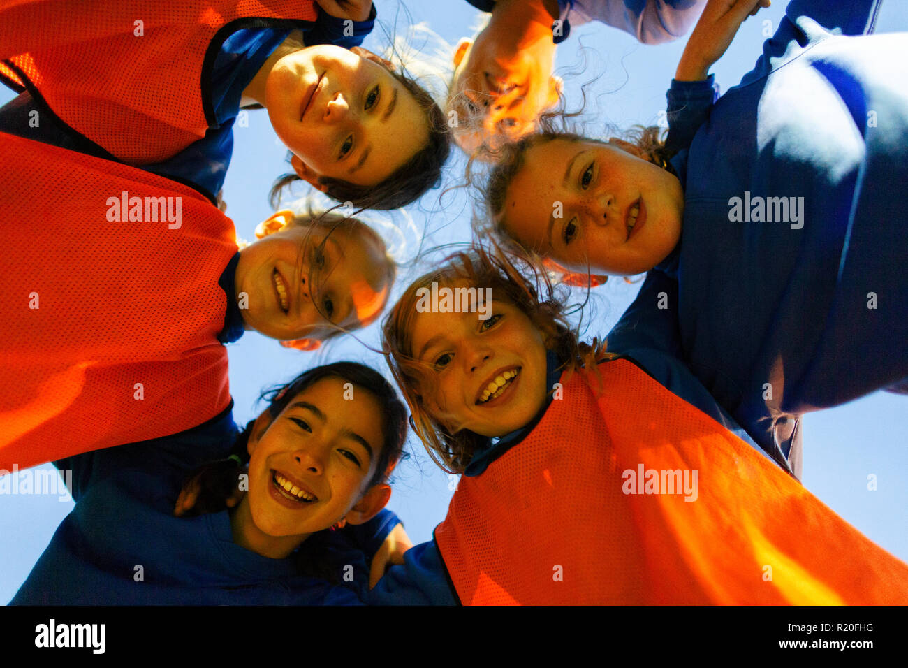Ritratto ragazze soccer team in huddle Foto Stock