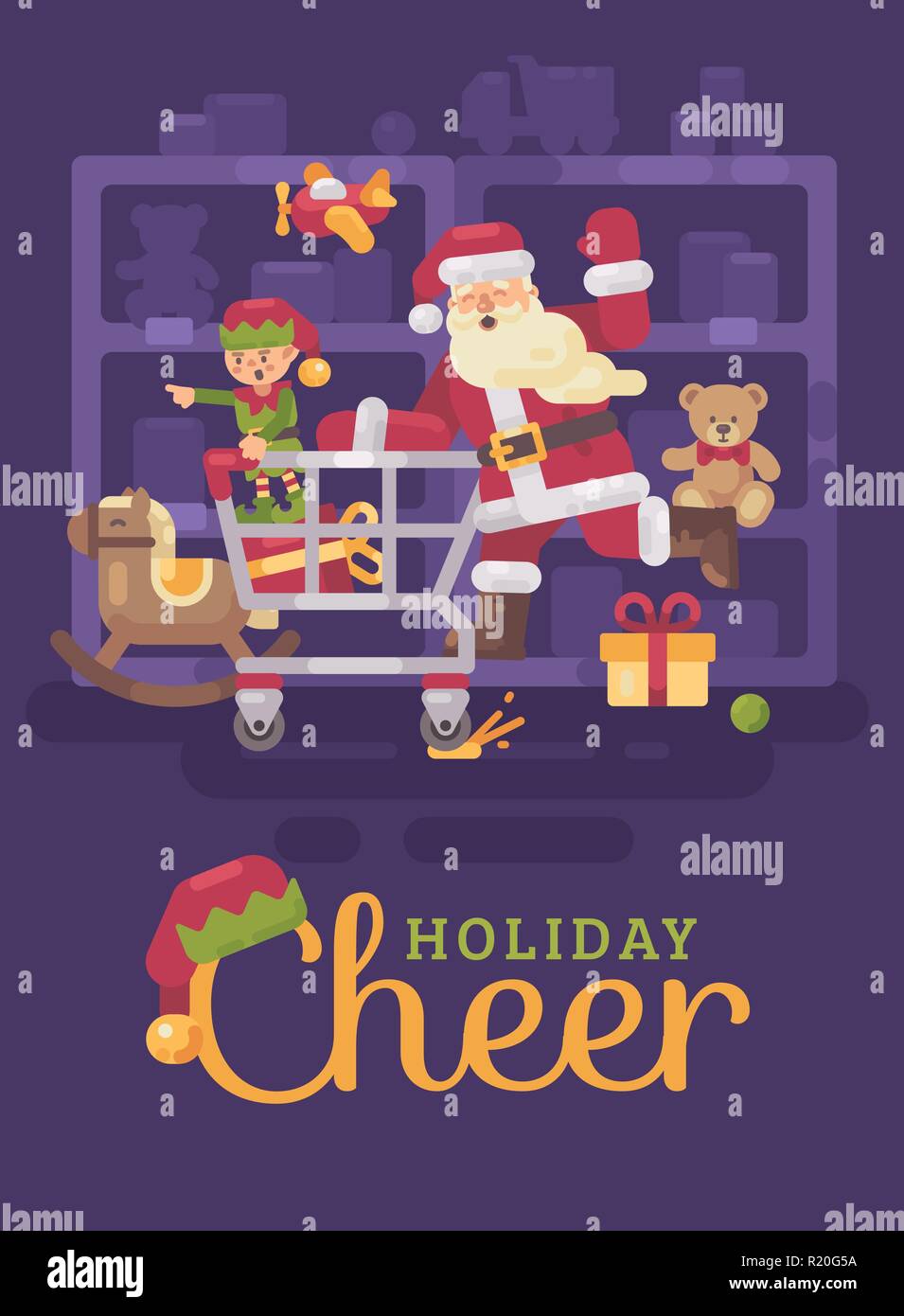 Babbo Natale a cavallo di un carrello della spesa con il suo elf in un giocattolo supermercato. Piatto di Natale carta di illustrazione Illustrazione Vettoriale