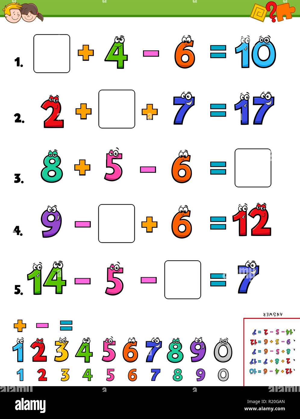 Cartoon illustrazione di istruzione di calcolo matematico Foglio di lavoro per i bambini Illustrazione Vettoriale