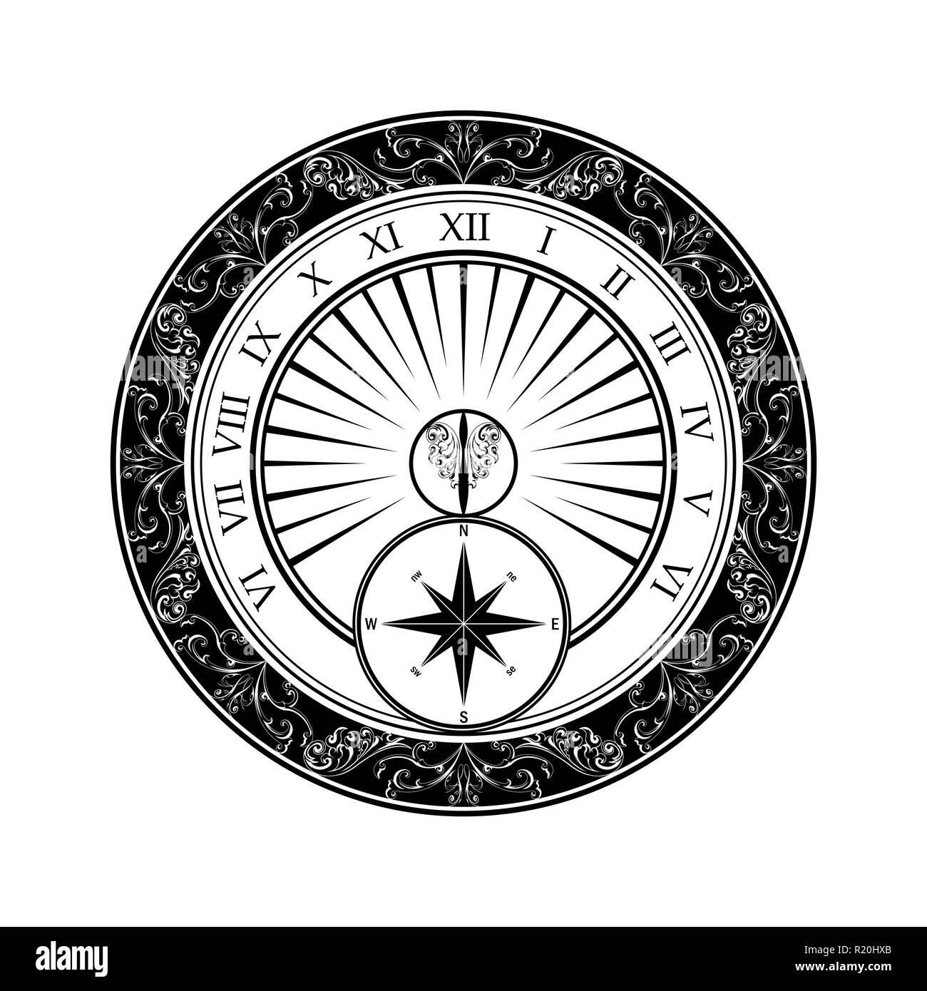 Nero meridiana floreali silhouette isolati su sfondo bianco Illustrazione Vettoriale