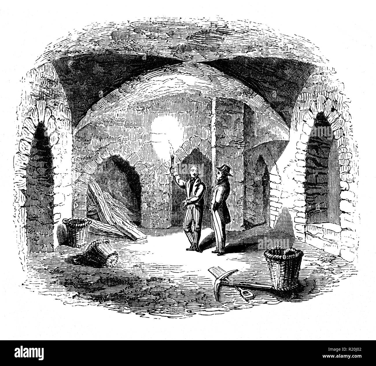 La vault sotto la vecchia casa dei signori dove la polvere da sparo cospiratori trama memorizzati i loro esplosivi durante un complotto cattolico per Blow up King James 1 e le case del parlamento di Londra, Inghilterra in 1605. La trama è stato scongiurato dopo che esso è stato rivelato alle autorità in una lettera anonima inviata a William Parker, 4 Barone Monteagle, il 26 ottobre 1605. Foto Stock