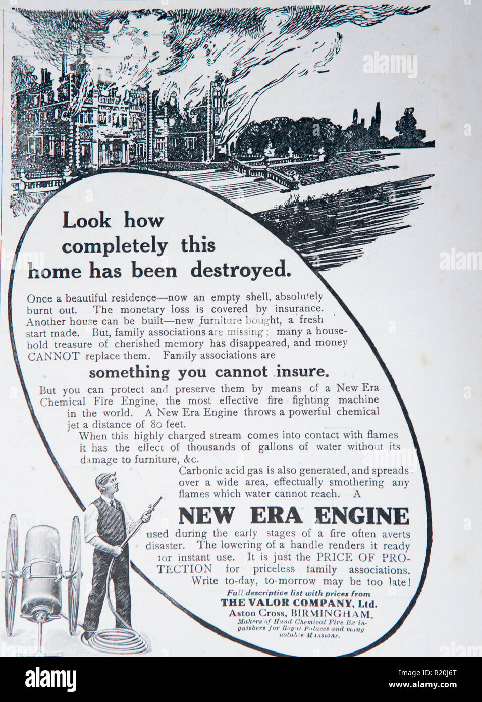 Annuncio pubblicitario per il valor Company Nuova Era motore Fire. Da un vecchio rivista britannica dal periodo 1914-1918. Inghilterra REGNO UNITO GB Foto Stock