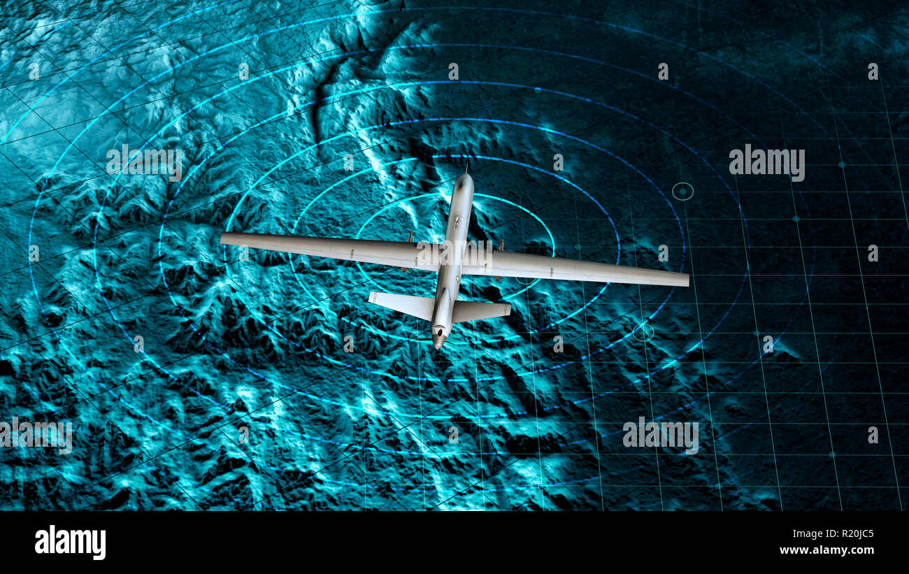 Vista satellite di un drone militare volando sopra una zona di guerra, le operazioni di guerra, la visione notturna. Obiettivo militare. Funzionamento in incognito. Rilievi di montagna Foto Stock
