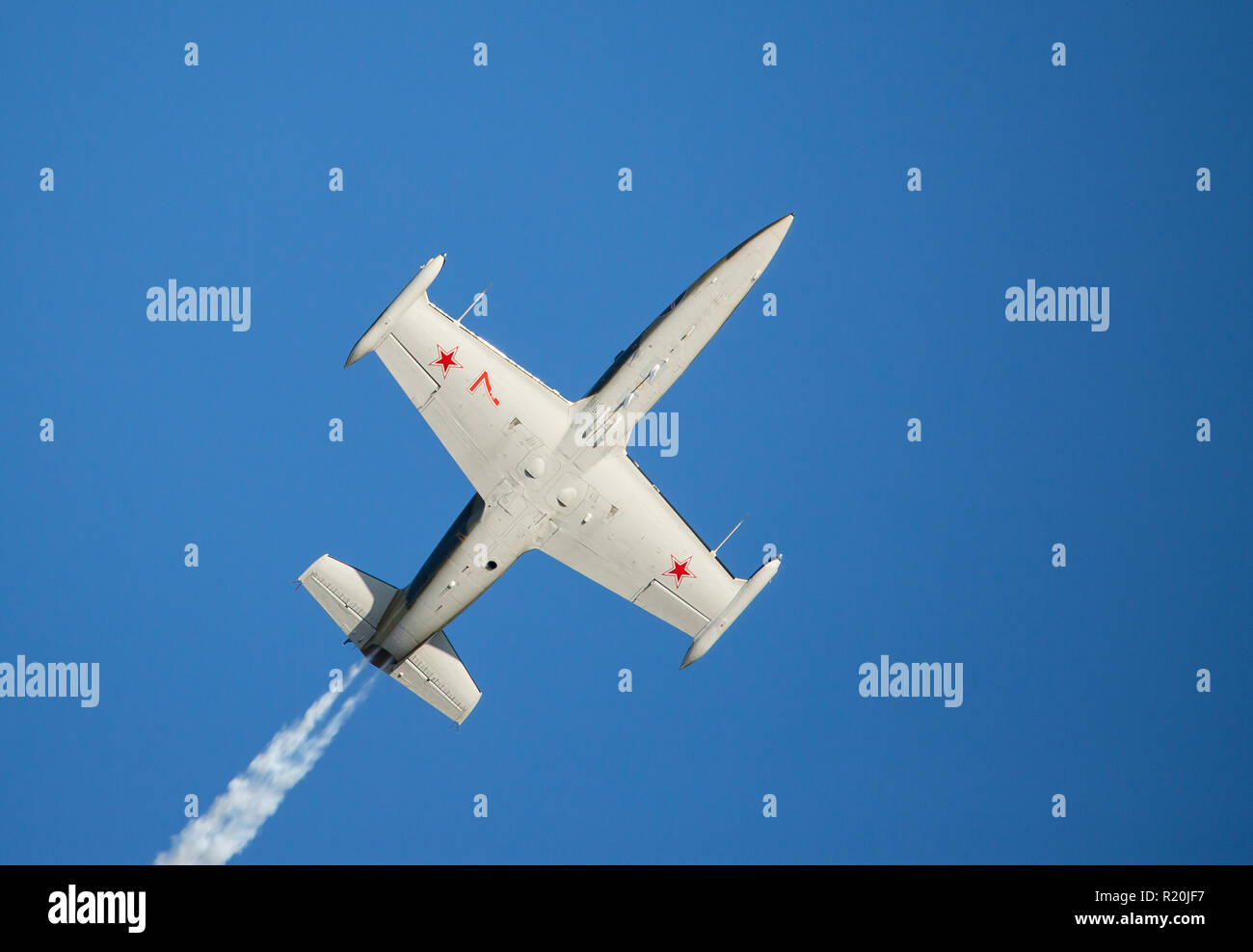 MONROE, NC (USA) - 10 Novembre 2018: un'L-39 Albatros jet vola contro un profondo cielo blu al Warbirds su Monroe Air Show. Foto Stock