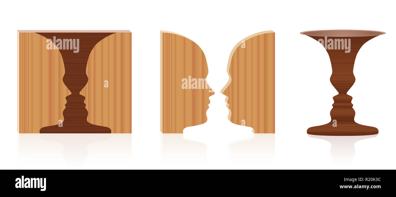 Facce vaso illusione ottica. Testurizzato in legno 3d figura-percezione di massa. In psicologia noto come identificare la figura da sfondo. Foto Stock