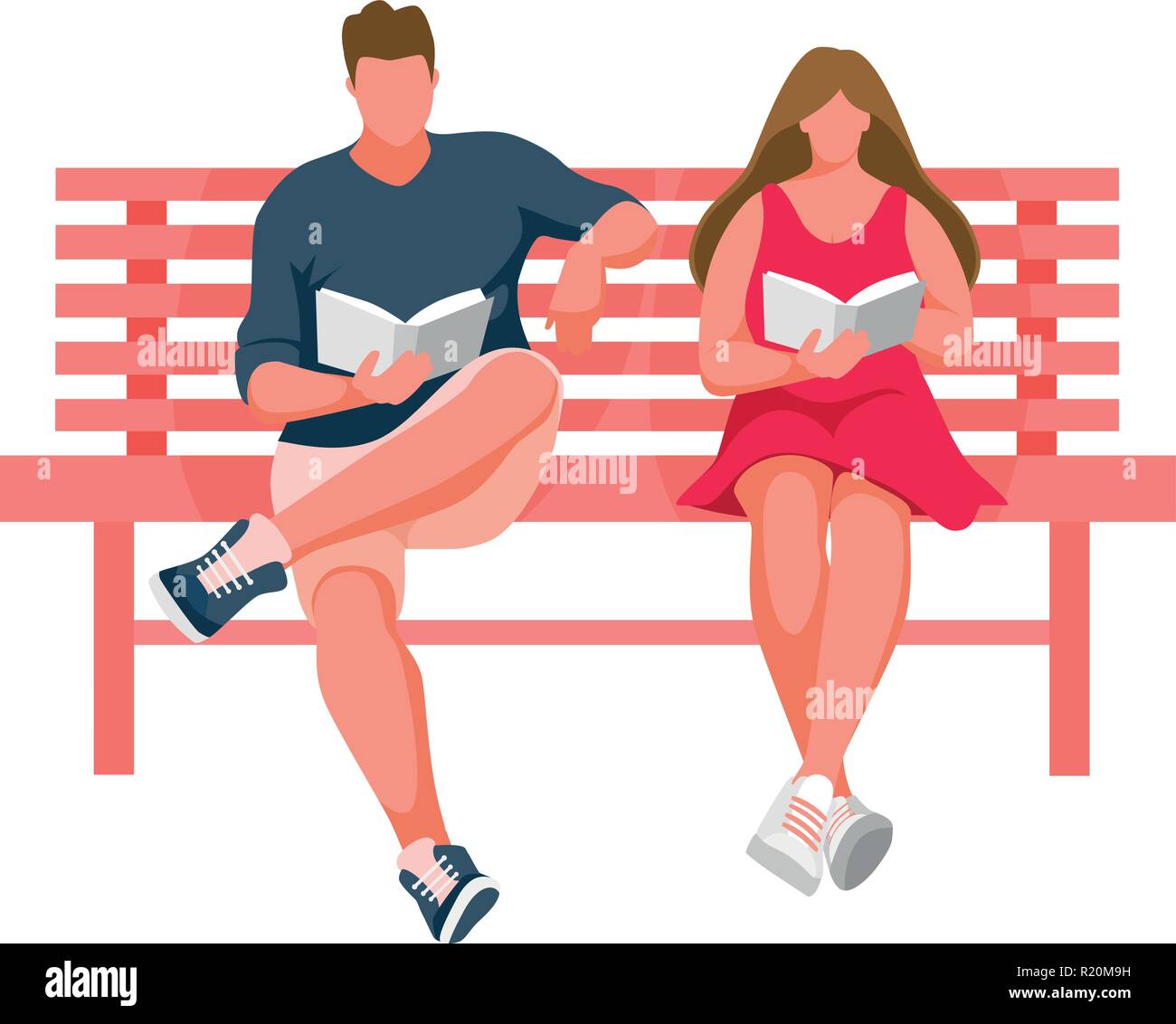 L uomo e la ragazza seduta su una panchina. Guy la lettura del libro. La donna la lettura del libro. Illustrazione Vettoriale Illustrazione Vettoriale