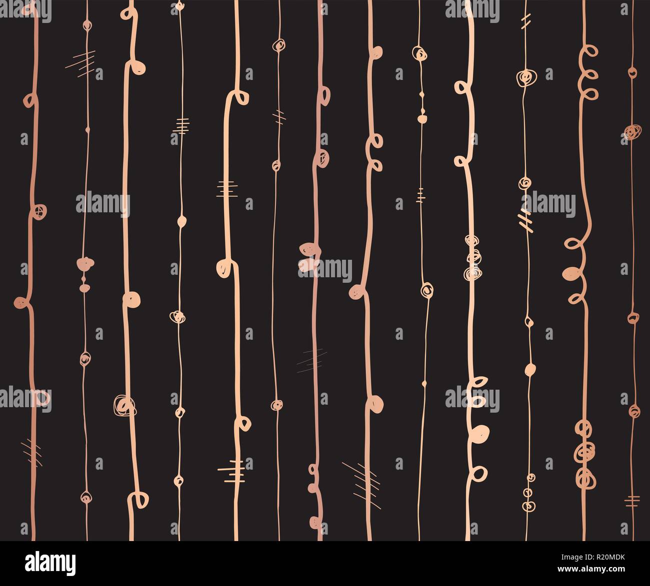 Rose di lamina di oro astratto metallico linee verticali seamless pattern vettore.Il rame ondulato strisce verticali con elementi volteggiano su sfondo nero. Per party, banner, Wedding, party, Anno nuovo, celebrazione Illustrazione Vettoriale
