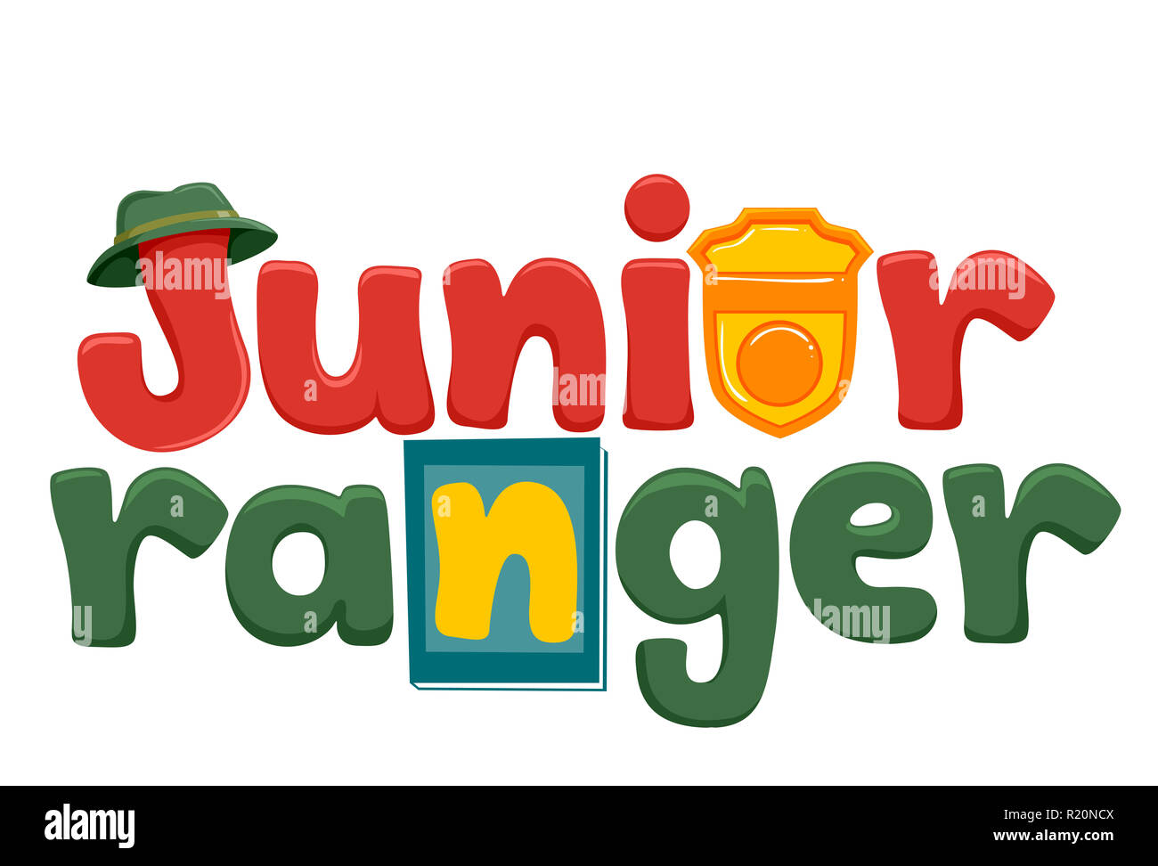 Tipografia illustrazione con le parole Junior Ranger è decorata con un cappello, un badge e un libro guida Foto Stock