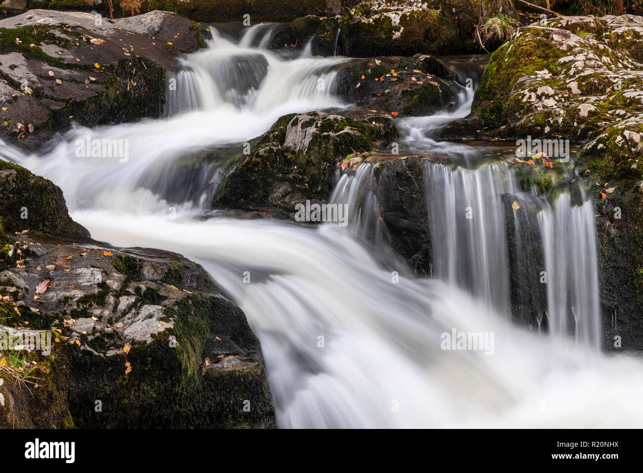 Cascata in un flusso roccioso a Aira Force nel distretto del lago, Inghilterra Foto Stock
