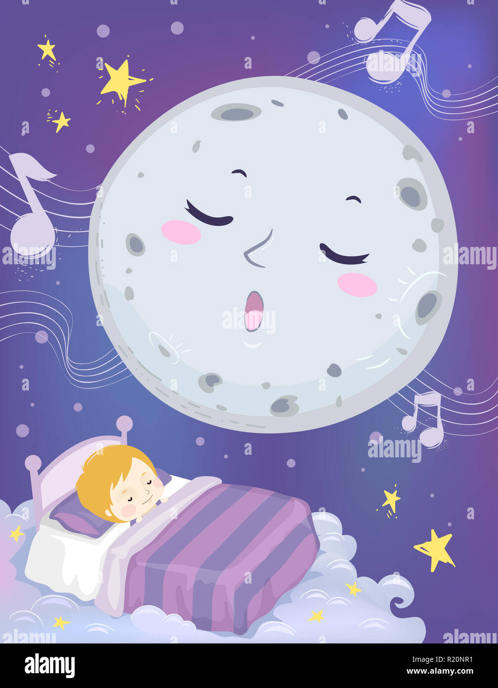 Mascotte colorati illustrazione dotato di una Luna Piena Lulling un grazioso piccolo ragazzo dormire Foto Stock