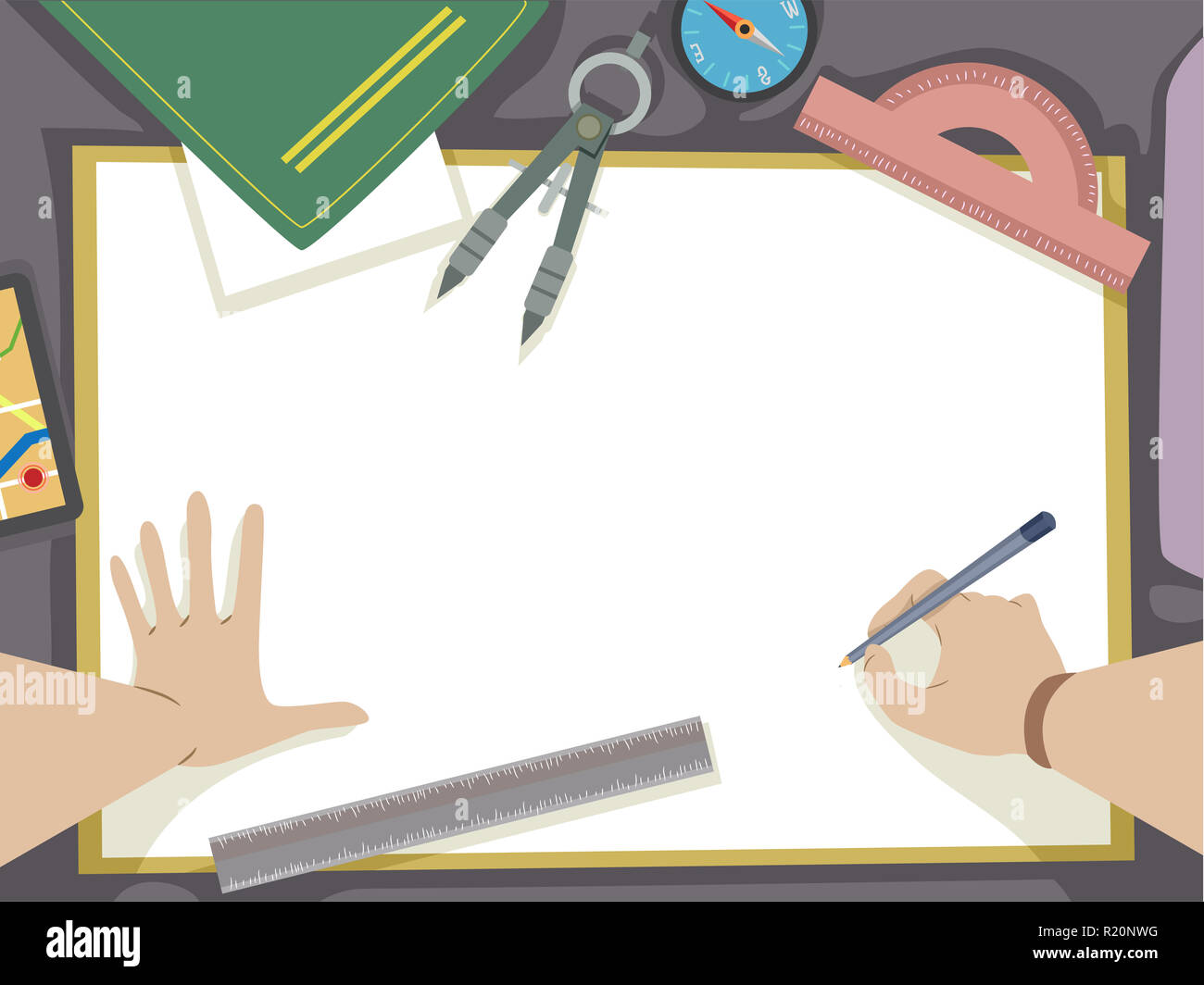 Illustrazione con un cartografo mappa con gli strumenti di disegno sparsi in tutta la sua tabella Foto Stock