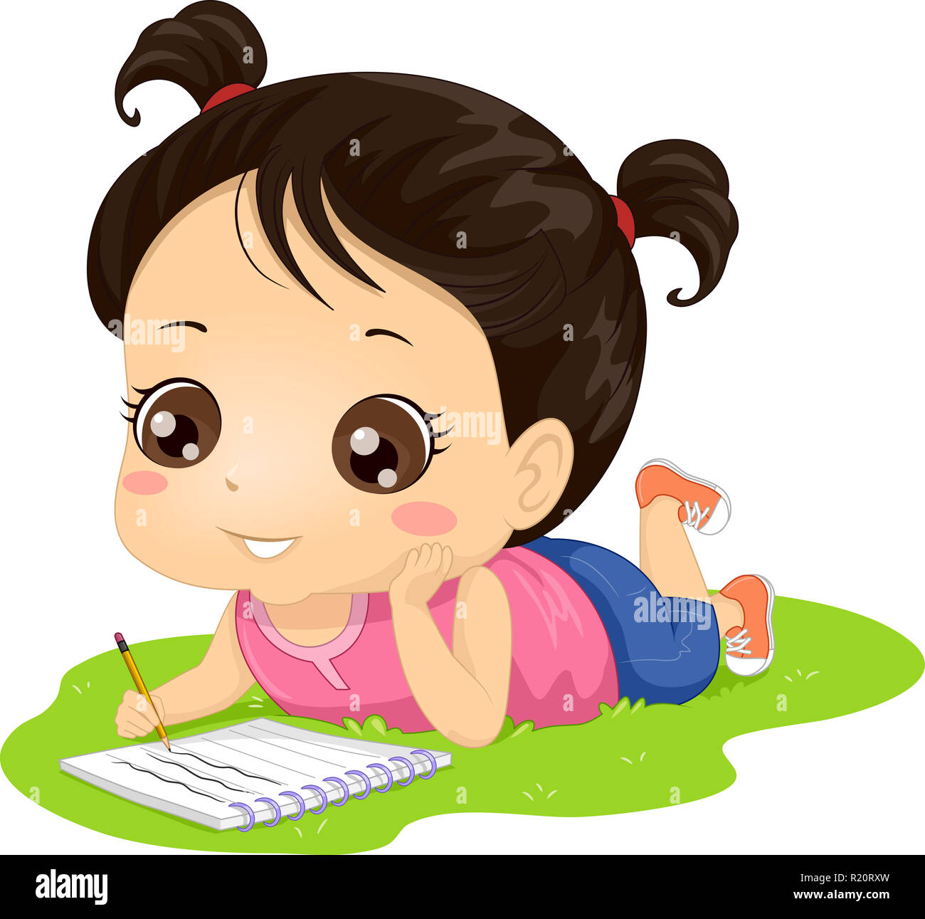 Illustrazione di un capretto ragazza distesa sul prato iscritto nel suo Notebook Foto Stock