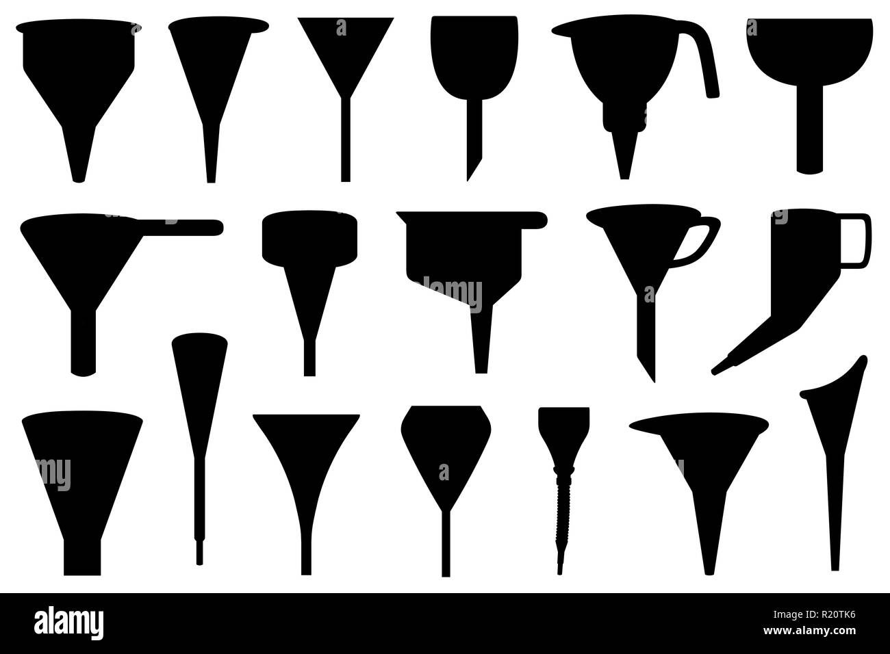 Set di imbuti differenti isolati su bianco Foto Stock