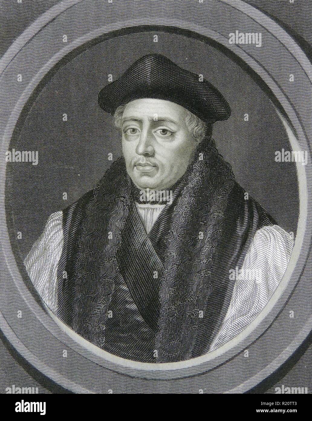 Thomas Cranmer (1489-1556) inglese prelato e martire protestante. Arcivescovo di Canterbury. Riconosciuti colpevoli di alto tradimento sotto Maria I e bruciato sul rogo a Oxford. Incisione, 1851. Foto Stock