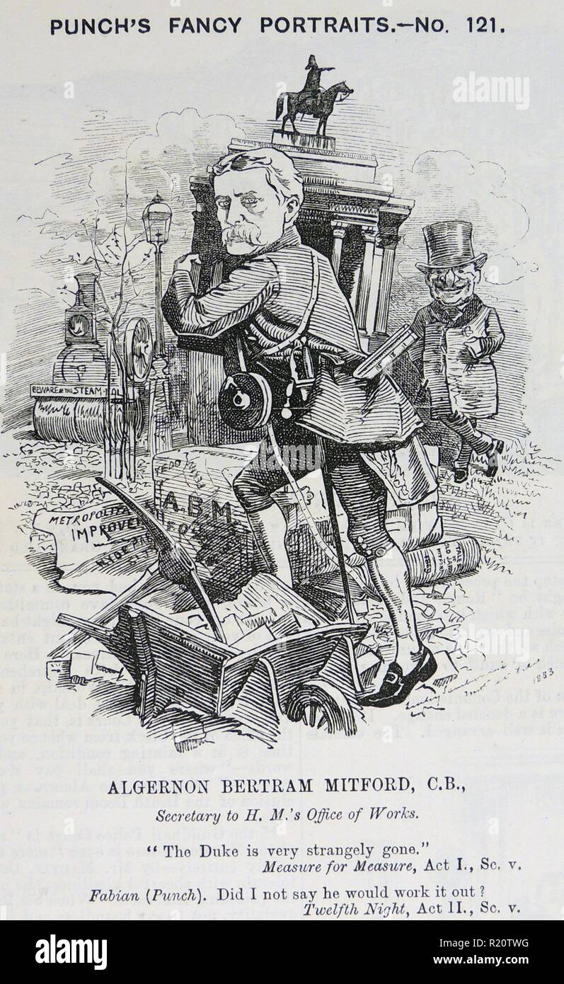 Algernon Bertram Mitford, lst Barone Redesdale (1813-1916) al momento essere stato Segretario del consiglio di amministrazione di opere. Cartone animato da Edward Linley Sambourne dall ''Punch'', Londra, 1883. Foto Stock