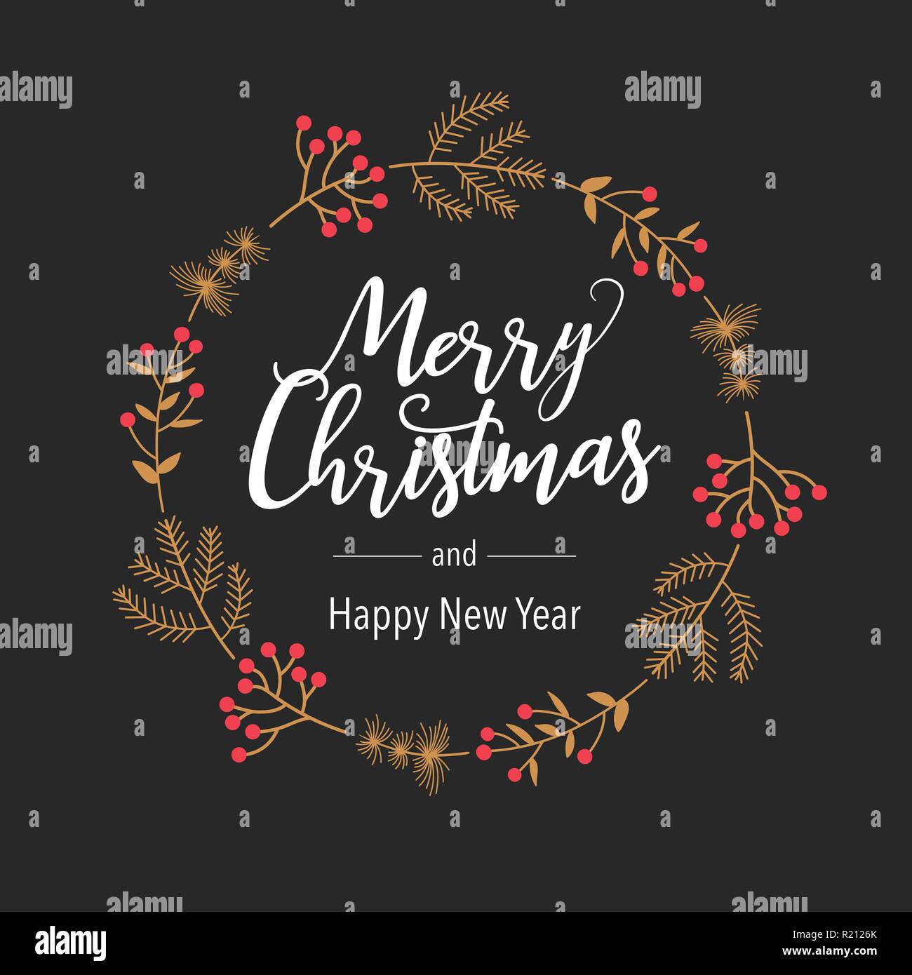 Natale e Anno Nuovo messaggio di saluto o scheda di invito. Natale design lettering con decorazione ghirlanda.illustrazione vettoriale. Illustrazione Vettoriale