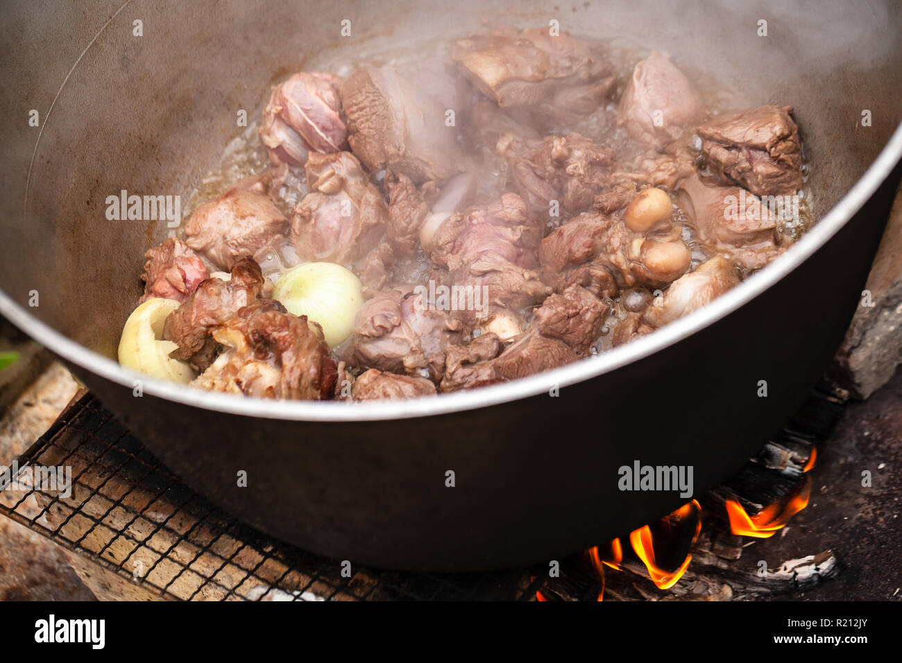 Agnello con tutta la cipolla stufata in un calderone. Preparazione della zuppa Chorba sul fuoco aperto, pasto tradizionale per molte cucine nazionali in Europa, Africa e ASI Foto Stock