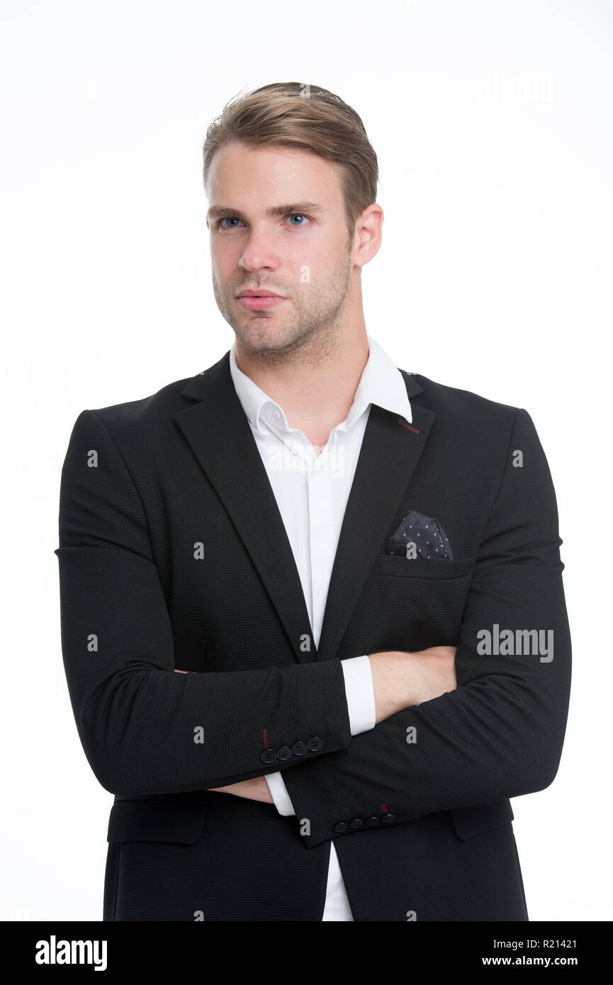 Egli è lo stile. L'uomo ben curato rimosse collare bianco elegante abito  formale isolato sullo sfondo bianco. Macho fiducioso abito perfetto  fazzoletto in tasca. Ragazzo lavoratore di ufficio bel vestito elegante Foto