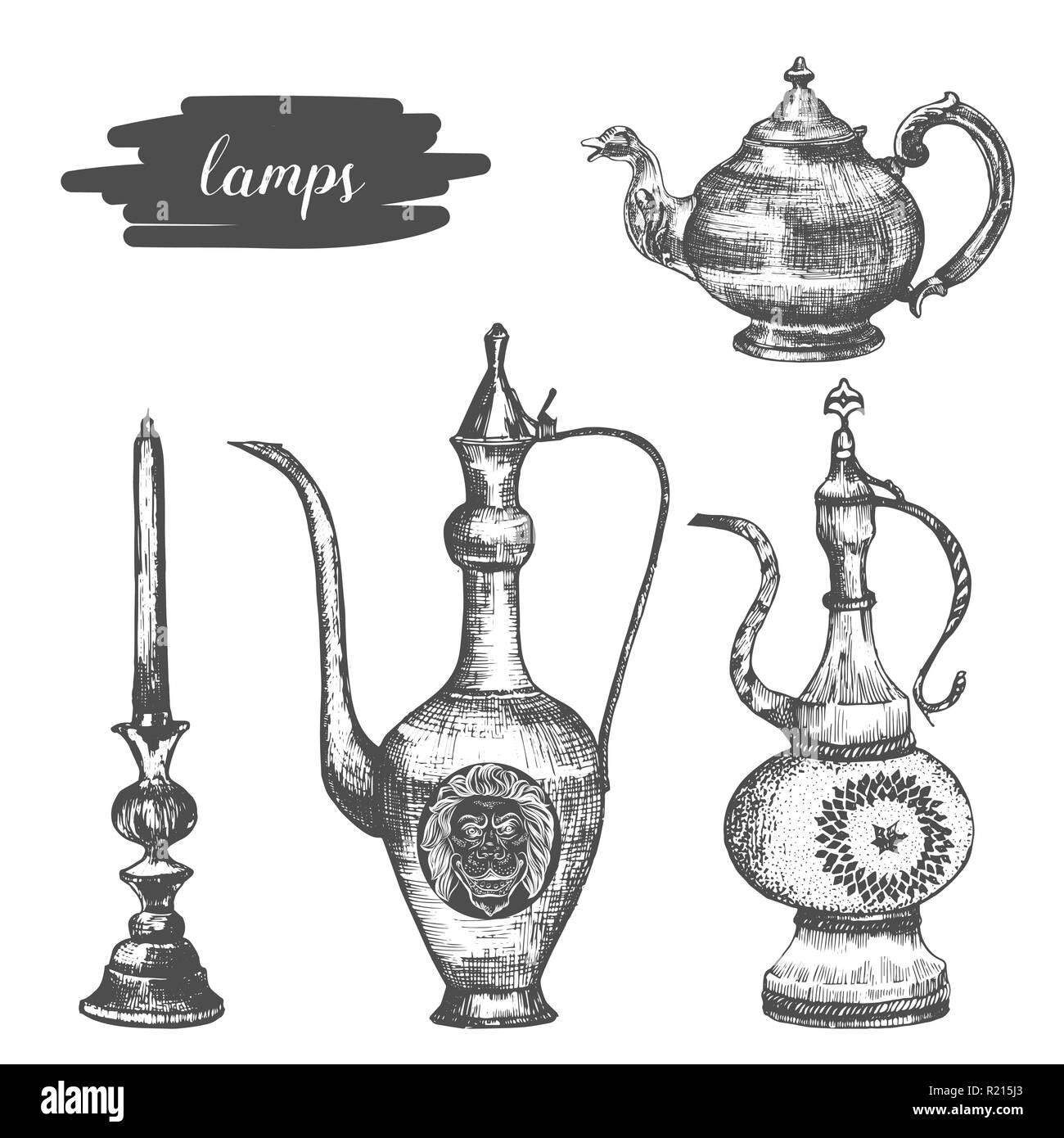 Ottone teiere antichi in stile orientale. Lampadario illustrazione vettoriale. Illustrazione Vettoriale