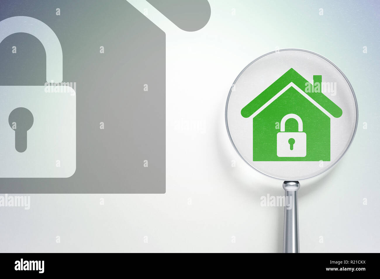 Concetto di finanza: Home con vetro ottico su sfondo digitale Foto Stock