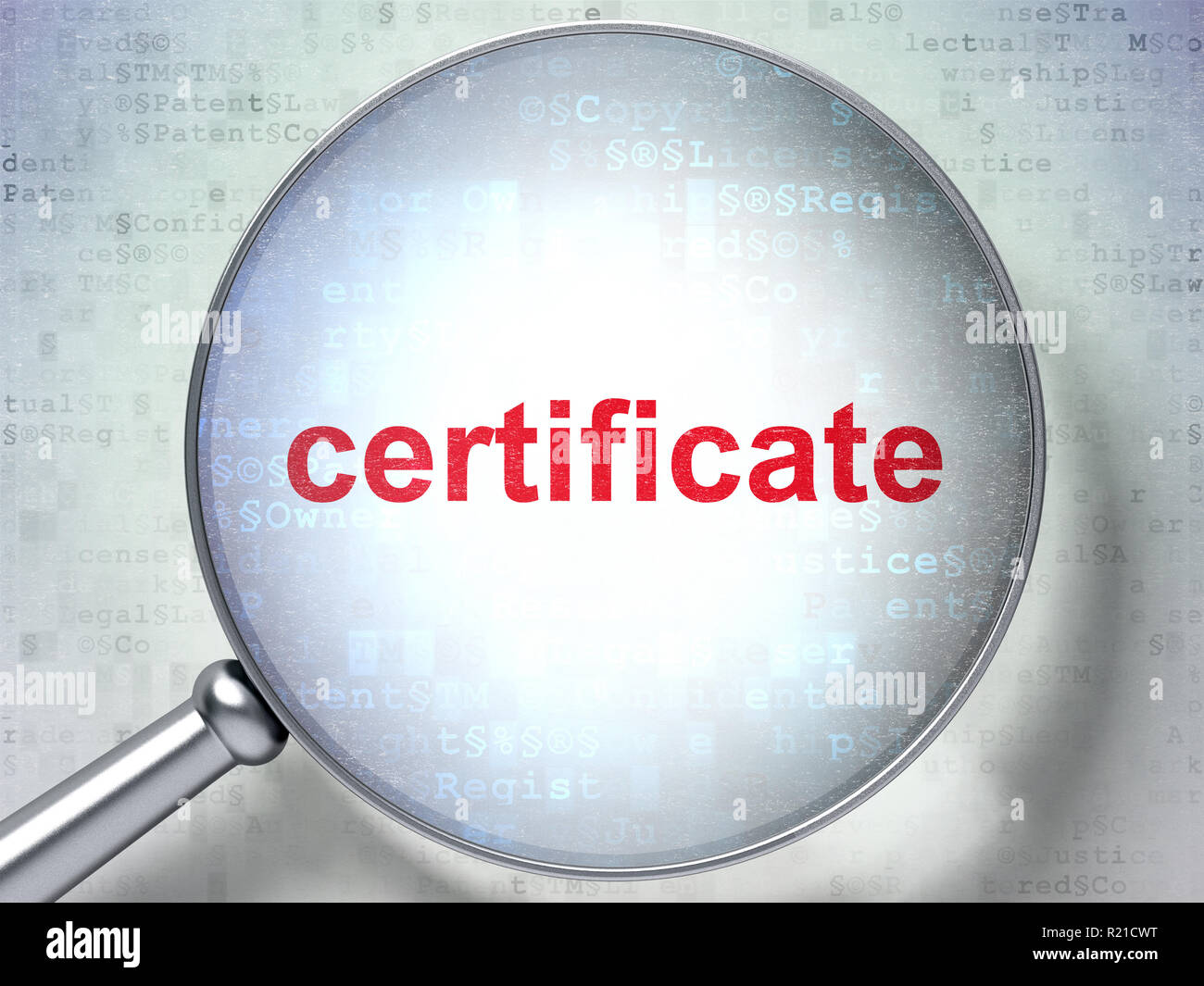 Il concetto di legge: certificato con vetro ottico Foto Stock