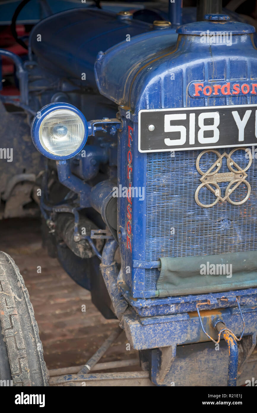 Chiudere fino al radiatore ragazza di un Dirty old abbandonato blu vintage Fordson modello N il trattore in un granaio. Regno Unito Foto Stock