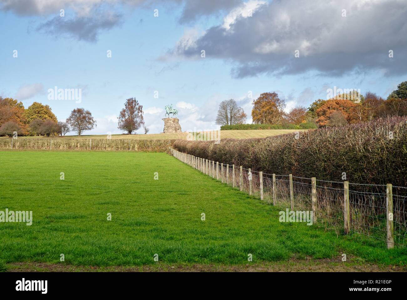 Aperta campagna autunnale con rame statua equestre sulla collina, Windsor Great Park Berkshire England Regno Unito Foto Stock