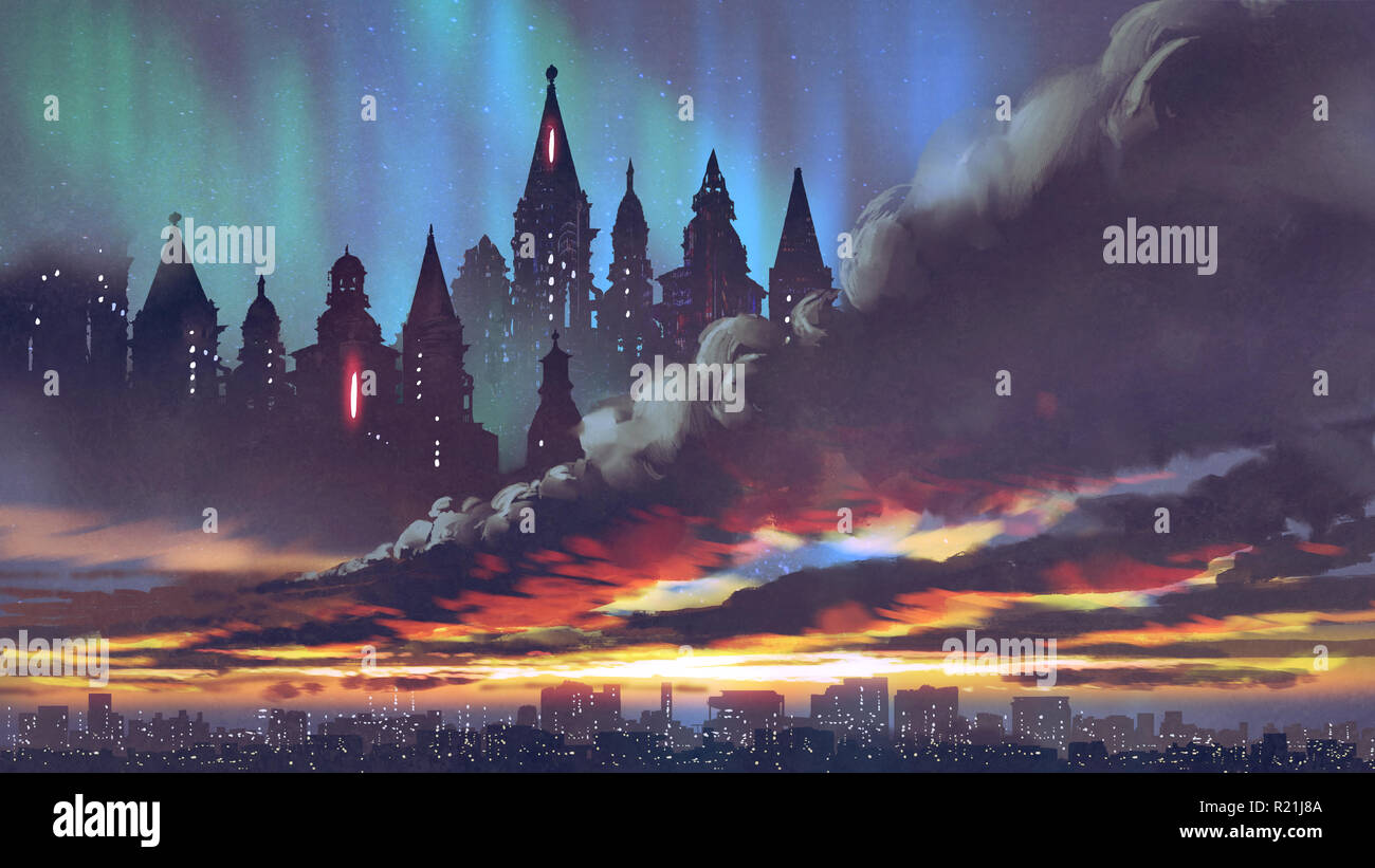 Panorama al tramonto del buio castelli sulle nuvole nere sopra la città, arte digitale stile, illustrazione pittura Foto Stock