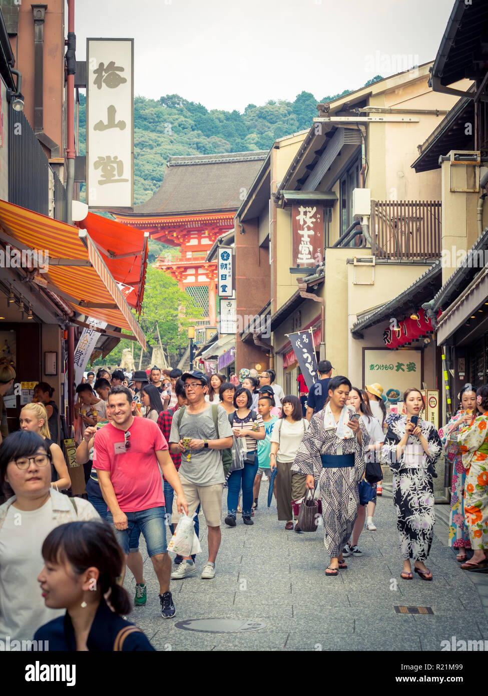 Negozi, la folla e i turisti su Matsubara Dori (Matsubara Dori Street) vicino tempio Kiyomizudera nel quartiere di Higashiyama di Kyoto, Giappone. Foto Stock