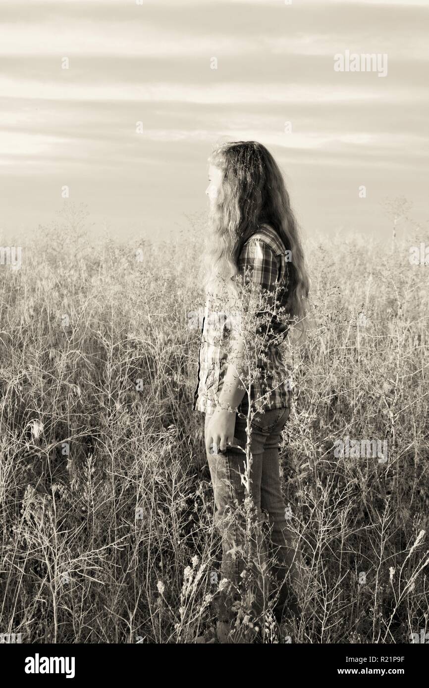 Ragazza in campo durante il tramonto Foto Stock