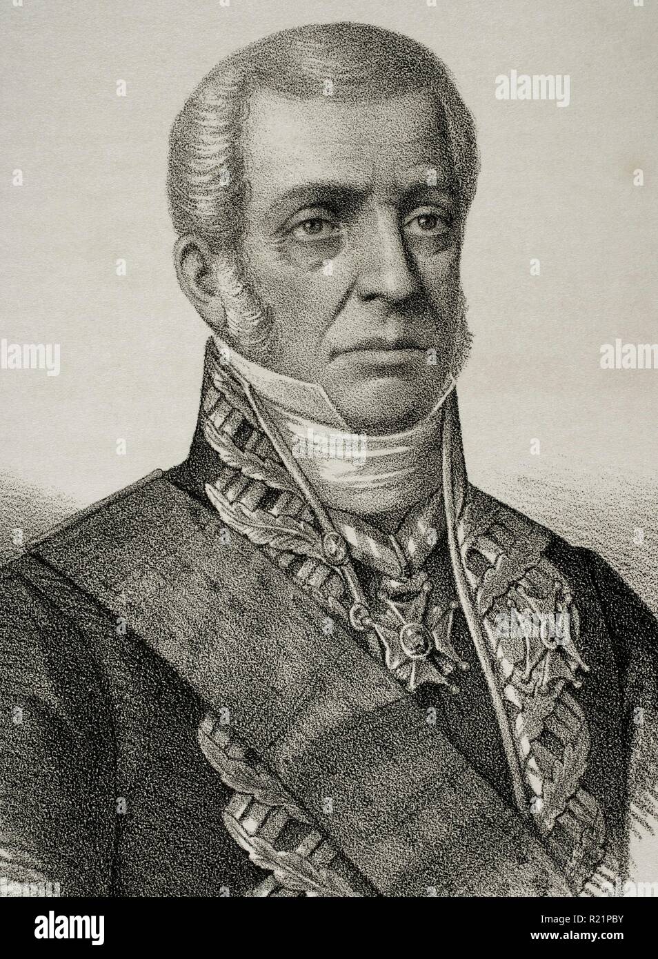 Joaquín de Frías (Cádiz, 1784-Madrid, 1851). Militar español y político del Partido constitucional. Ministro de Marina en 1840 y 1843. Dibujo por Llanta. Detalle. Litografía. Retrato. Crónica General de España, Historia Ilustrada y Descriptiva de sus Provincias. Andalucía, 1867. Biblioteca Histórico Militar de Barcelona, Cataluña, España. Foto Stock