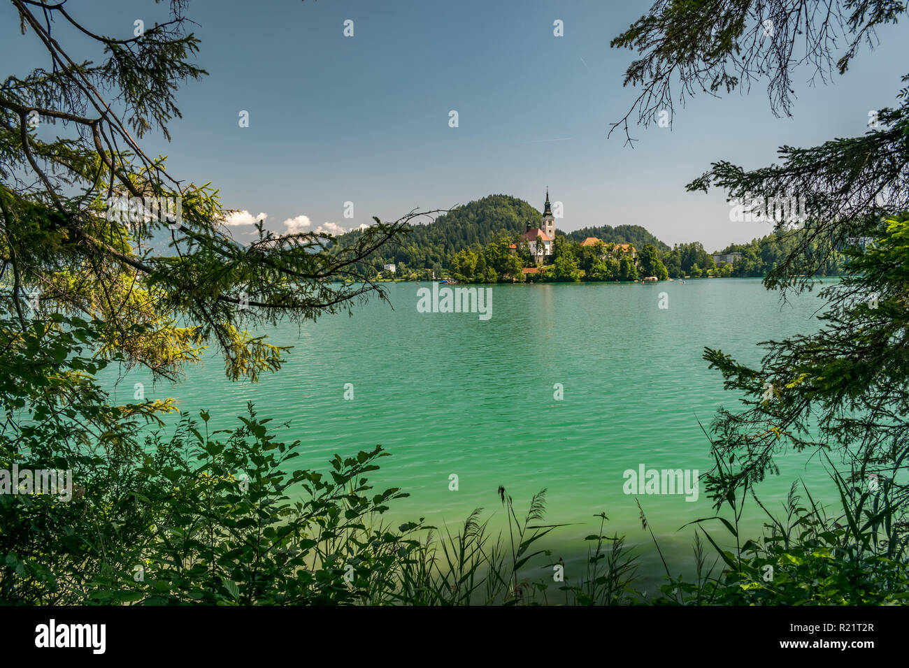 Chiesa su una piccola isola del lago di Bled, Slovenia. Bellissima scena di questo famoso luogo con il suo color smeraldo delle acque del lago. Foto Stock