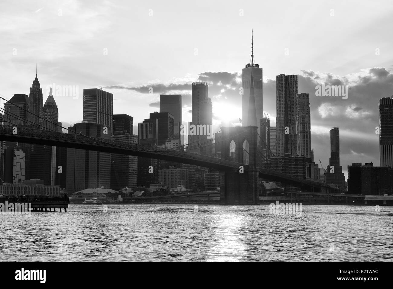 New York cityscape. New York City, il quartiere finanziario di Lower Manhattan vista dal Ponte di Brooklyn Park. Foto Stock