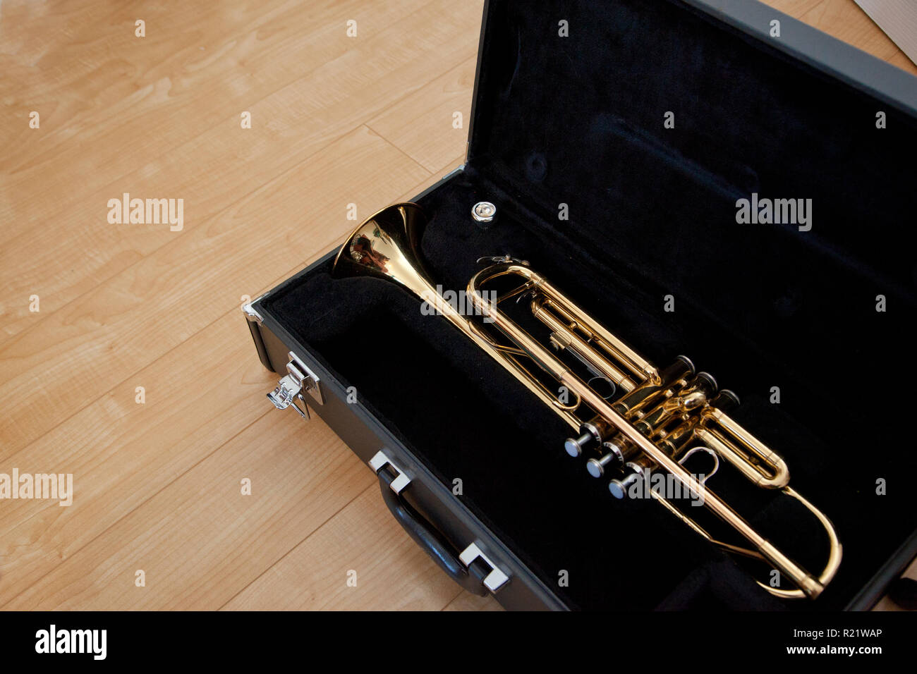 Oro tromba in una custodia nera sul pavimento, con spazio di copia Foto Stock