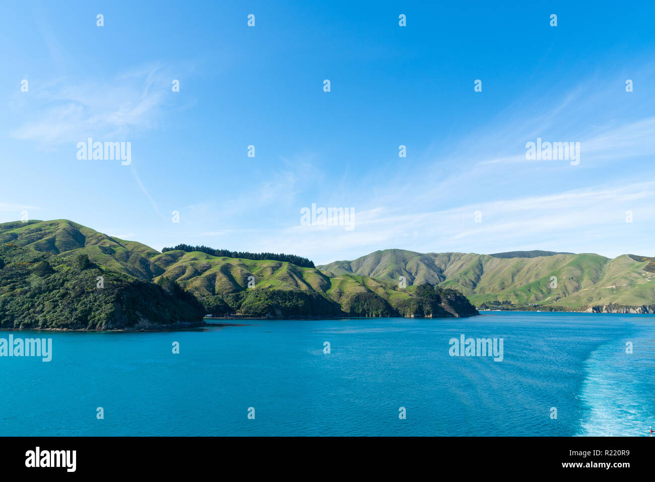 Meraviglioso paesaggio delle colline circostanti e acque turchesi di Queen Charlotte Sound in Marlborough Sounds dell Isola del Sud della Nuova Zelanda Foto Stock