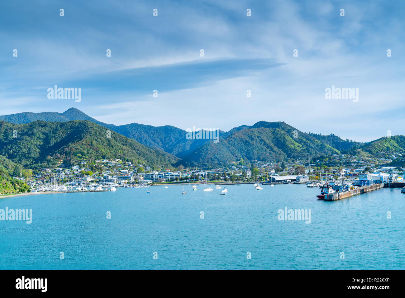 Arrivando alla borgata turistica Picton Queen Charlote Suono in Marlborough Sounds dell Isola del Sud della Nuova Zelanda. Foto Stock