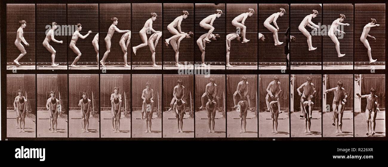 Salta sopra la parte posteriore del ragazzo (Leap-frog); parte della Locomozione animale serie di fotografie di Eadweard Muybridge, 1887 Foto Stock