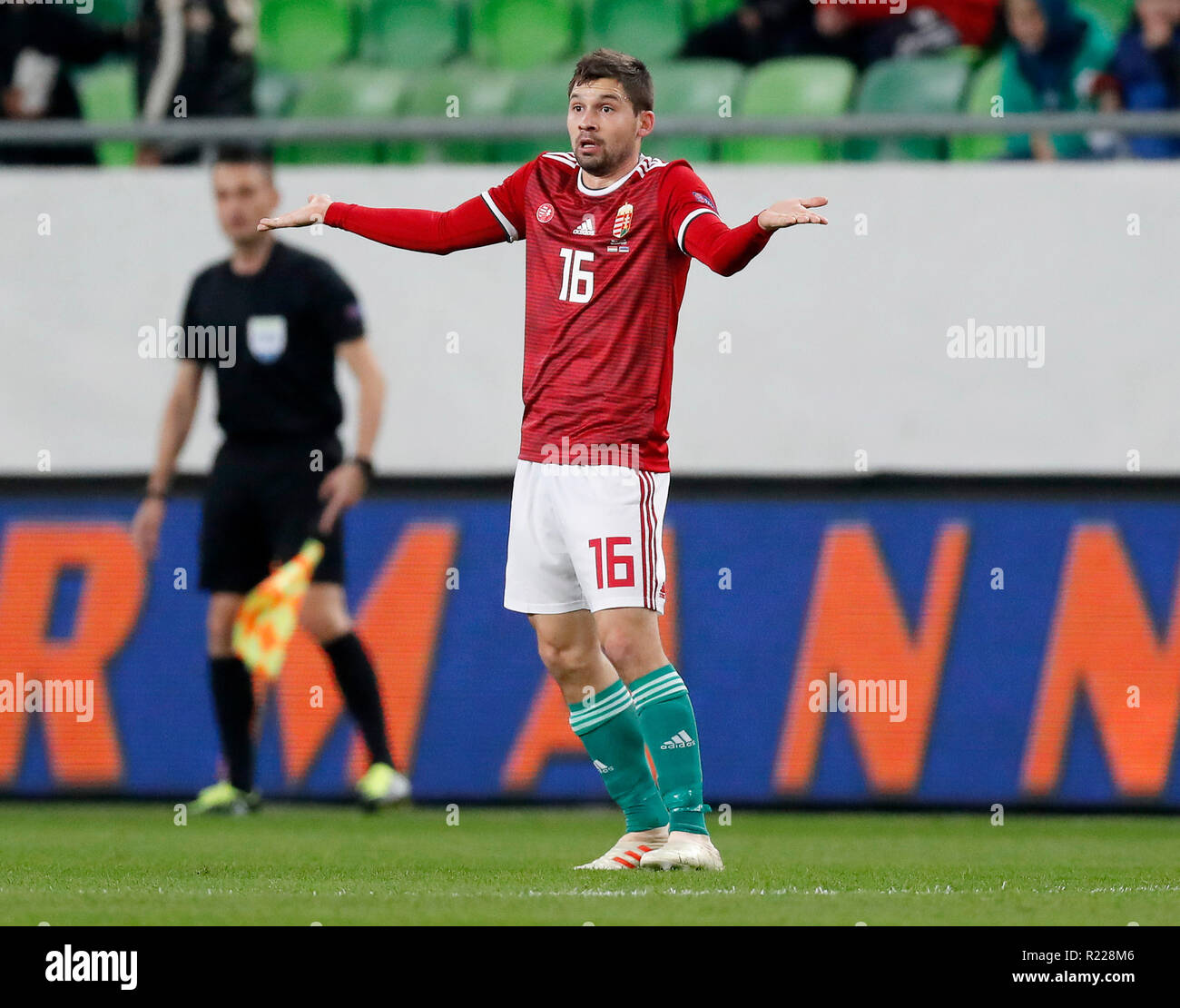 Budapest, Ungheria. 15 Novembre, 2018. Mate Patkai di Ungheria reagisce durante le nazioni UEFA League group stage match tra Ungheria ed Estonia a Groupama Arena il 15 novembre 2018 a Budapest, Ungheria. Credito: Laszlo Szirtesi/Alamy Live News Foto Stock